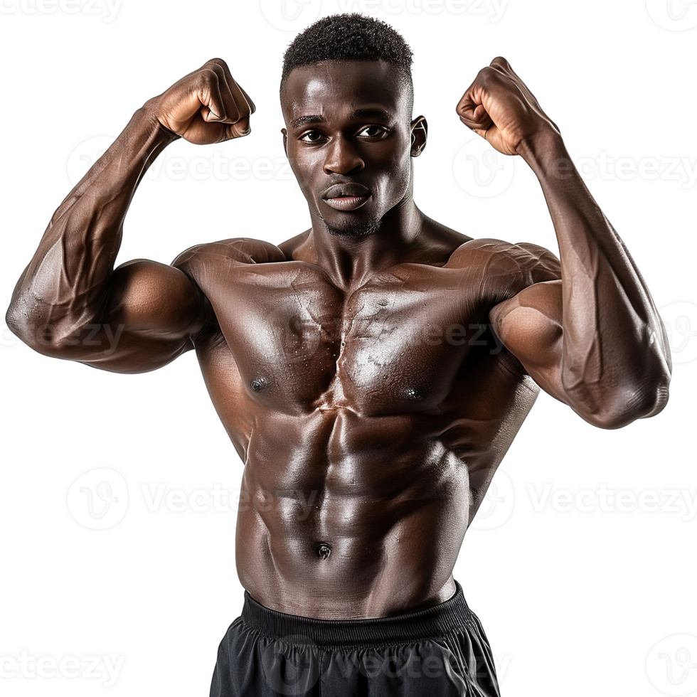 A man with a muscular build is posing for a photo. He is flexing his arms and chest, showcasing his impressive physique. Concept of strength and confidence, as the man's body language png