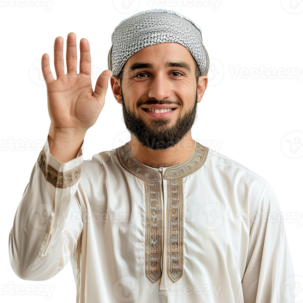 Cheerful muslim man greeting with a wave and warm smile png