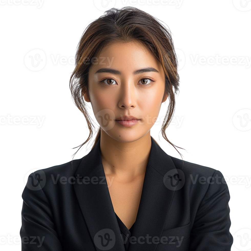 A woman in a black suit is posing for a photo. Concept of professionalism and formality png