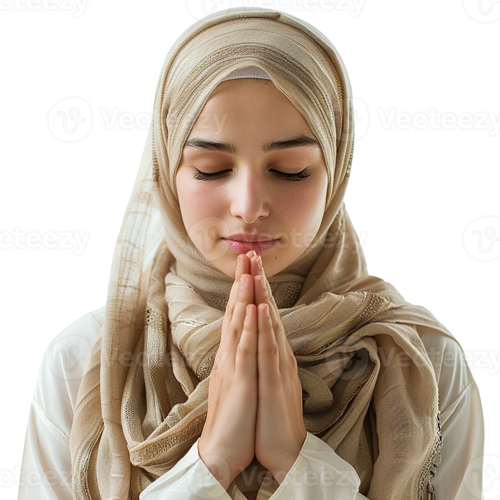 A woman wearing a gold scarf and a gold head scarf is praying png