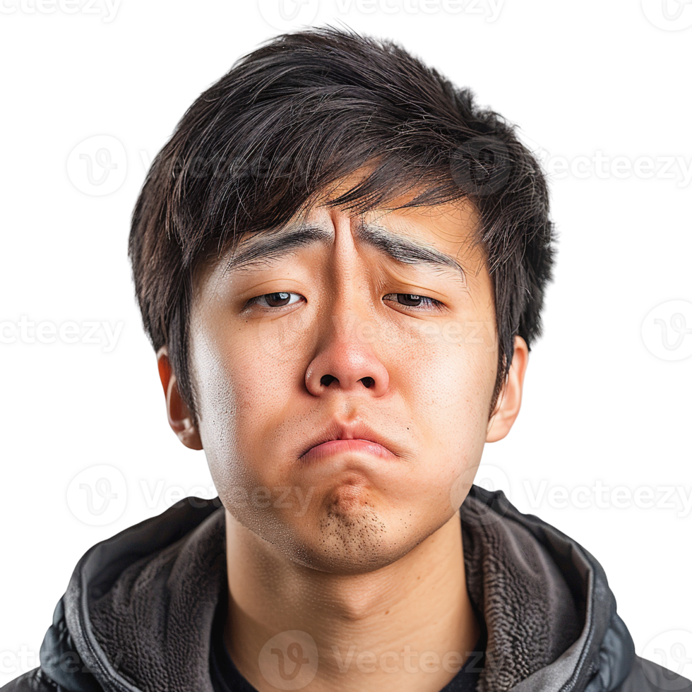 Asian man with a beard is looking at the camera with a sad expression png