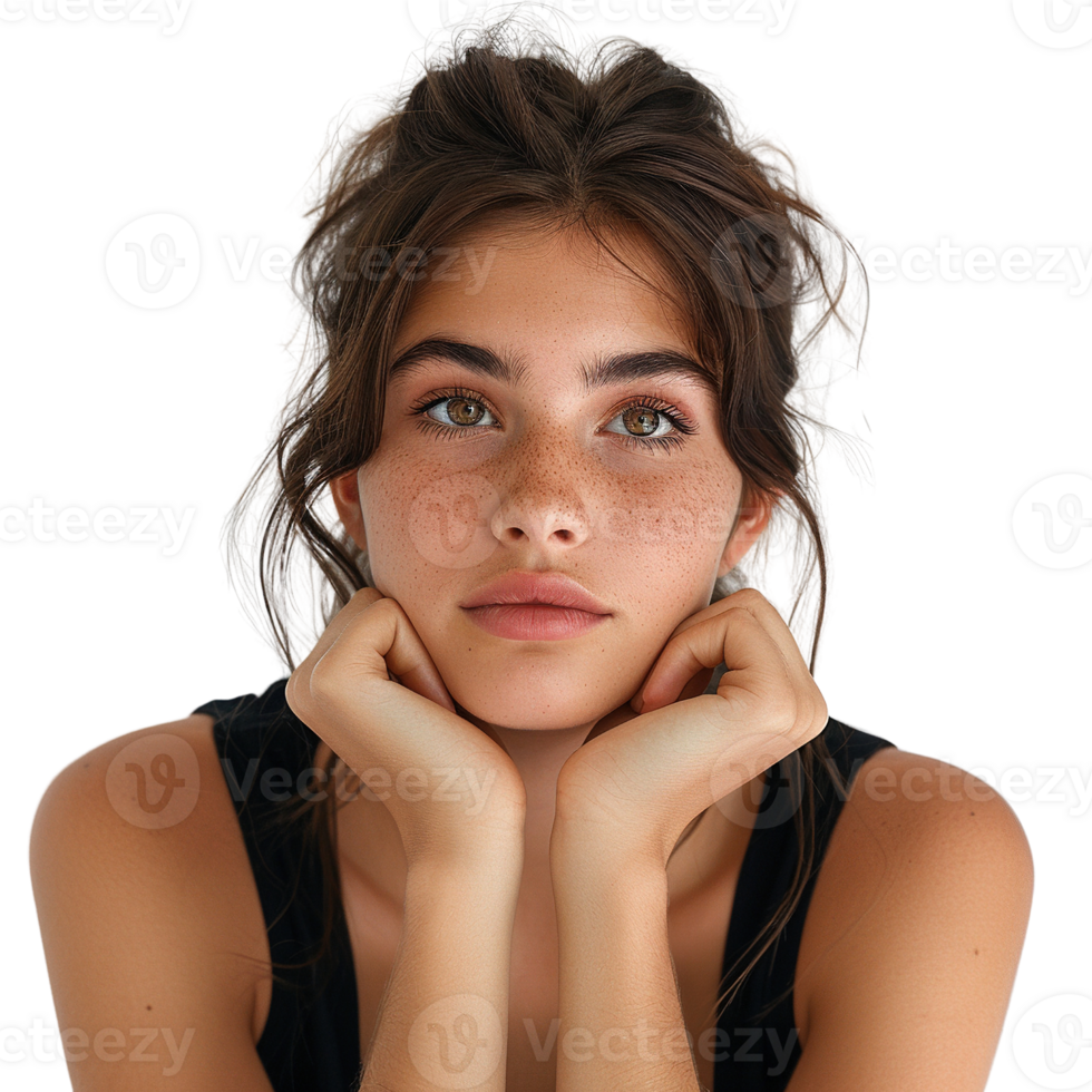 A woman with green eyes and brown hair is looking down at her hands. She has a scruffy, unkempt appearance, which gives her a somewhat sad or contemplative mood png