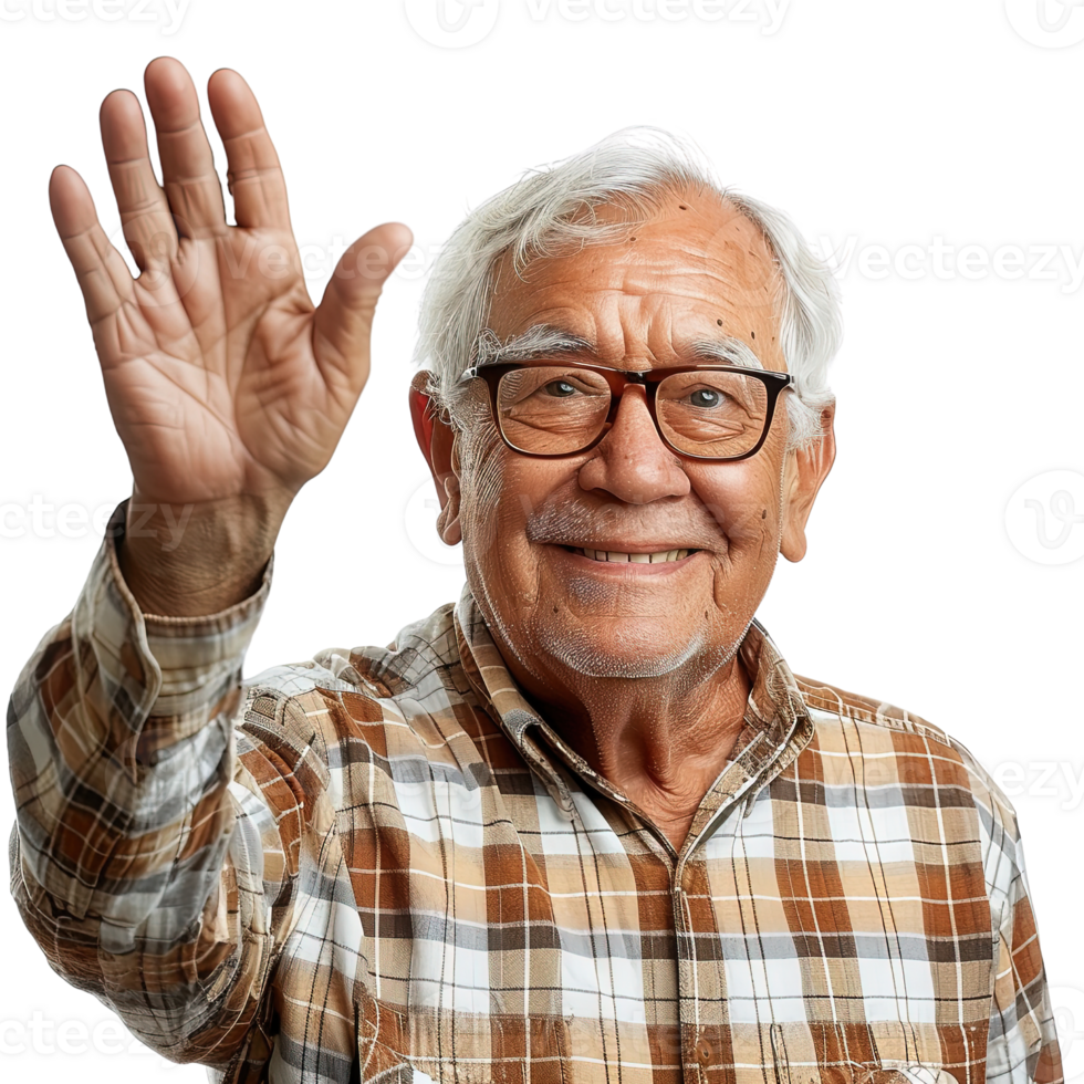 Friendly old man with glasses and a plaid shirt is waving. He is smiling and he is happy png