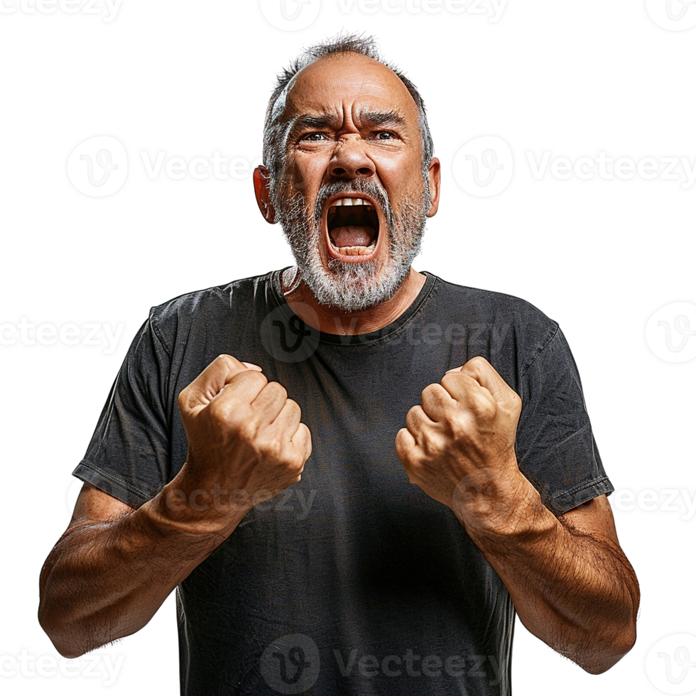 A man with a beard and gray hair is standing with his hands raised in the air, making a fist and yelling. Concept of anger and frustration png