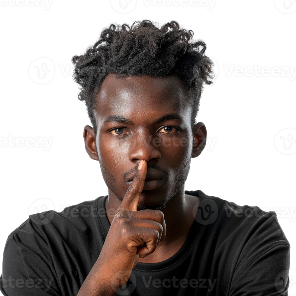 A man with a black shirt and a black beard is holding his hand over his nose. He is looking at the camera with a serious expression png