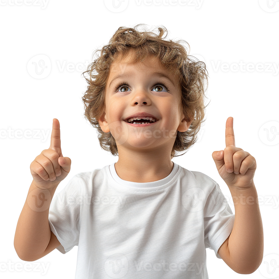 A young child with blonde hair is pointing up with his fingers. He is smiling and he is happy png