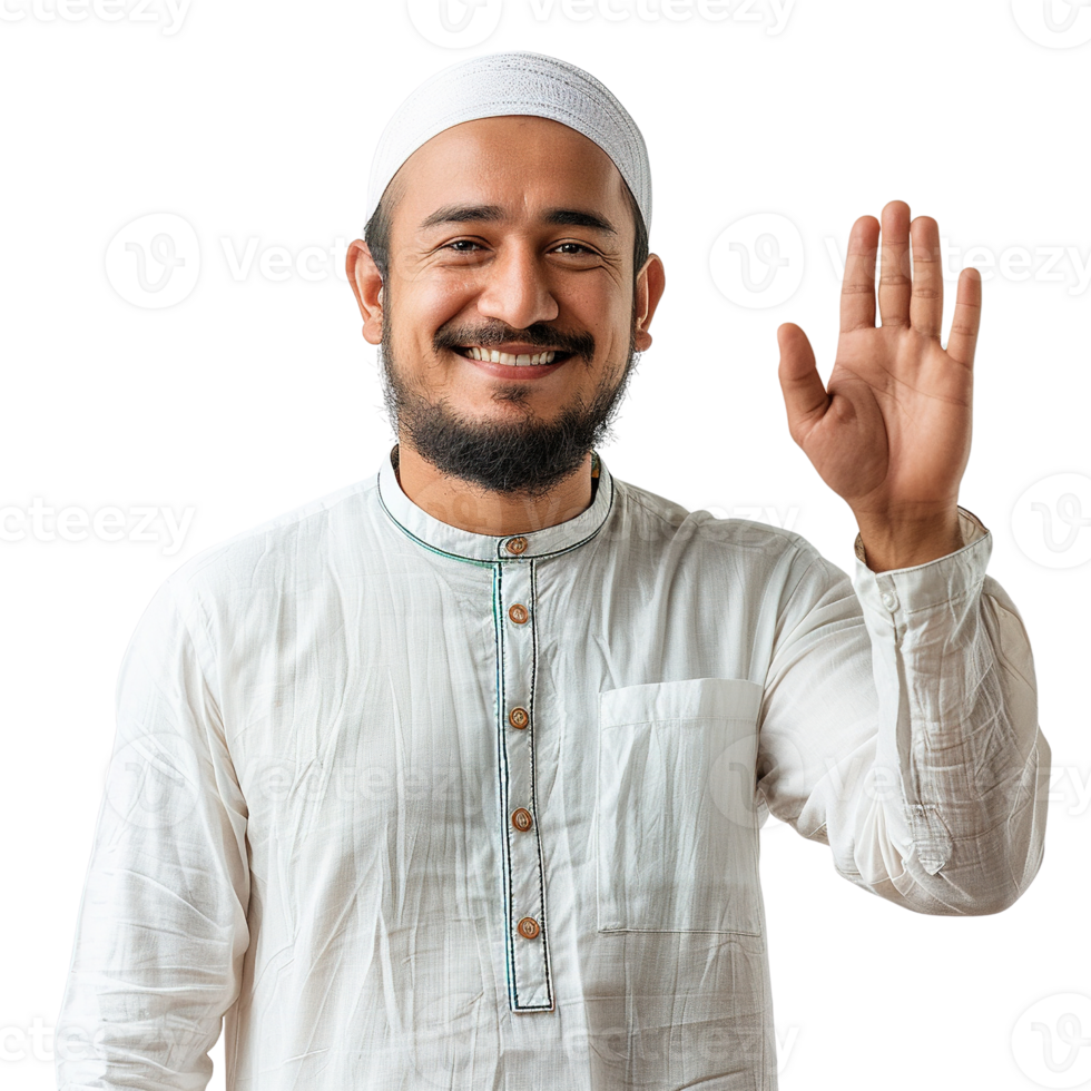 Smiling muslim man in white robe waving at camera png