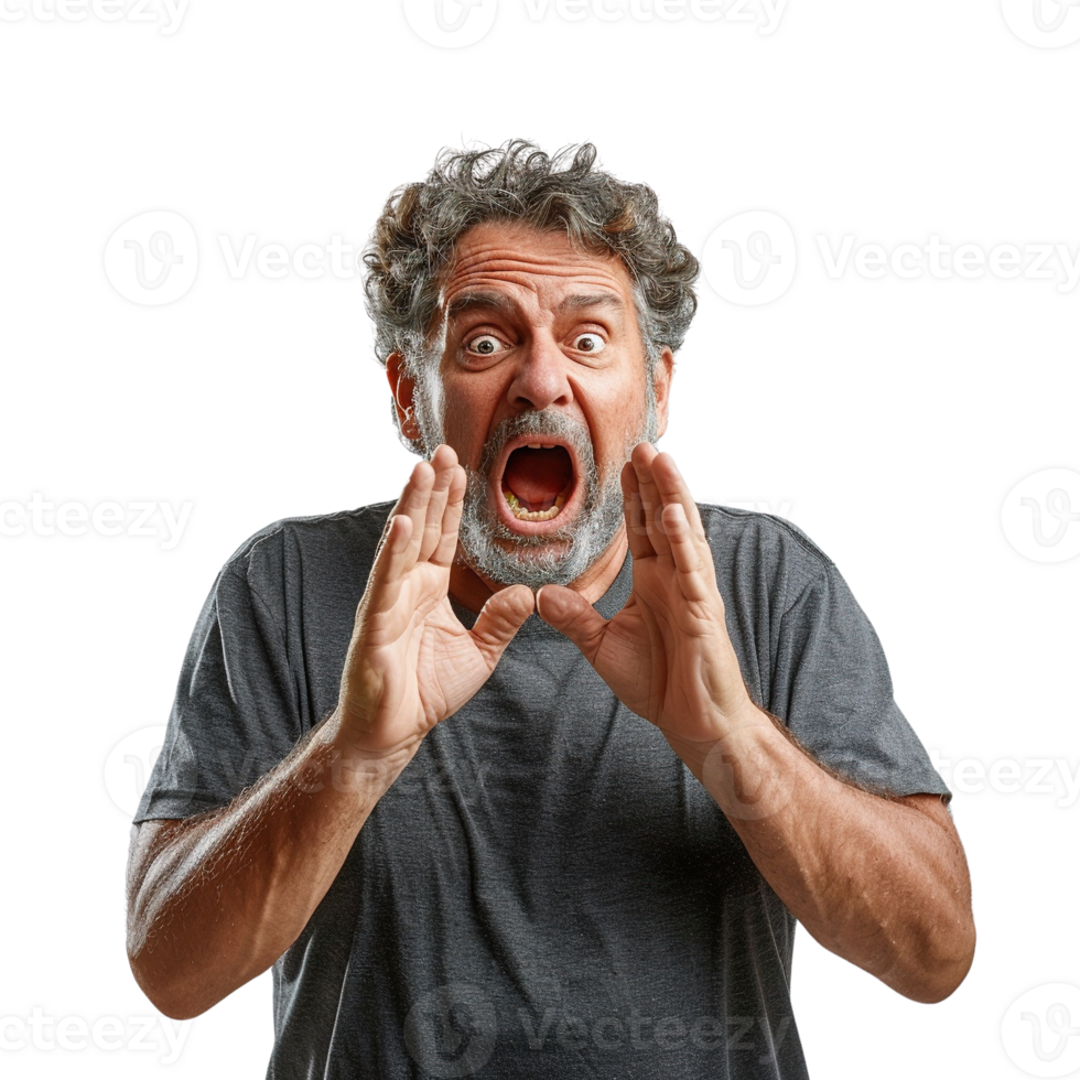 A man with a beard and gray hair is screaming png