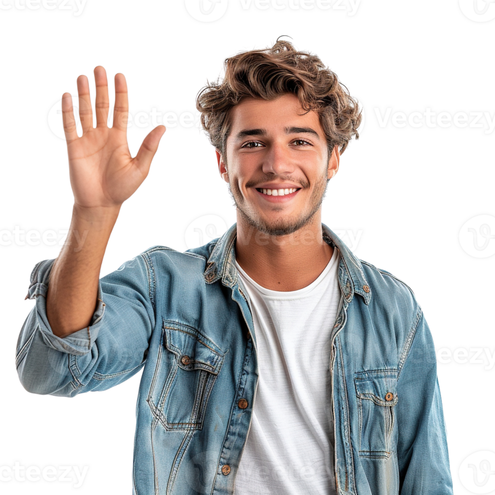 A man in a blue jacket is waving at the camera with a big smile on his face. Concept of friendliness and warmth, as the man's gesture and expression suggest that he is happy to be seen png