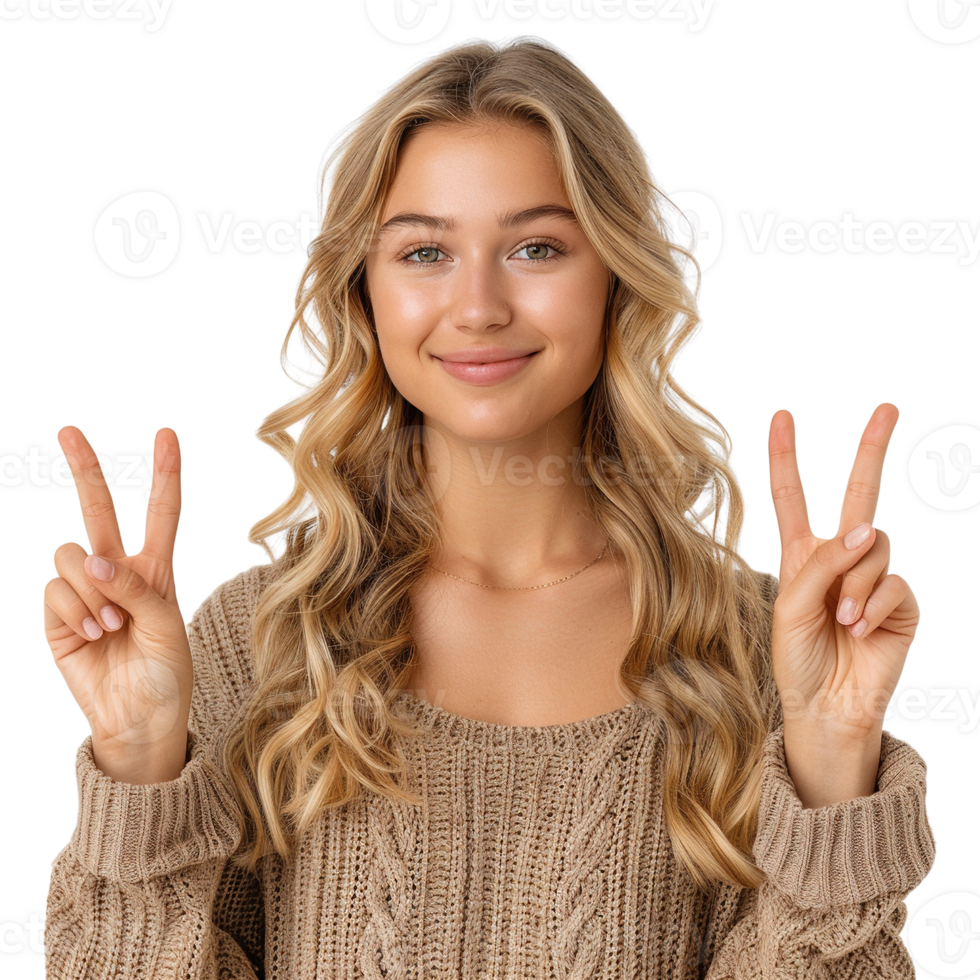 A woman with long blonde hair is smiling and holding her hands together in a peace sign. Concept of calm and positivity png