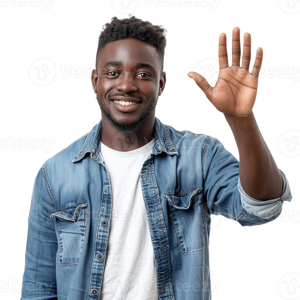 A man in a blue jacket is waving his hand in the air. He has a big smile on his face png