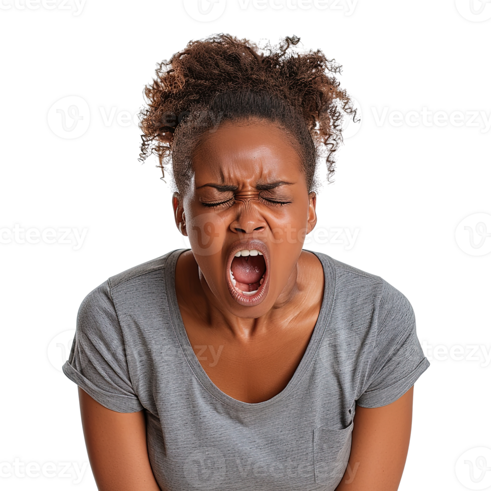 A woman with a scowl on her face and her mouth open. She is wearing a gray shirt png