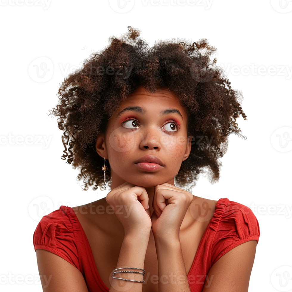 A woman with curly hair is looking up at the camera with a pensive expression png