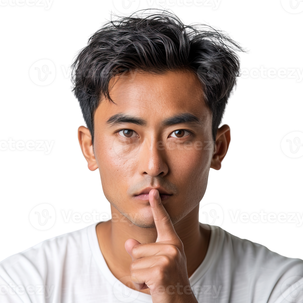 A man with a shaved head and a white shirt is holding his hand to his face and making a shh sound. Concept of contemplation or deep thought png