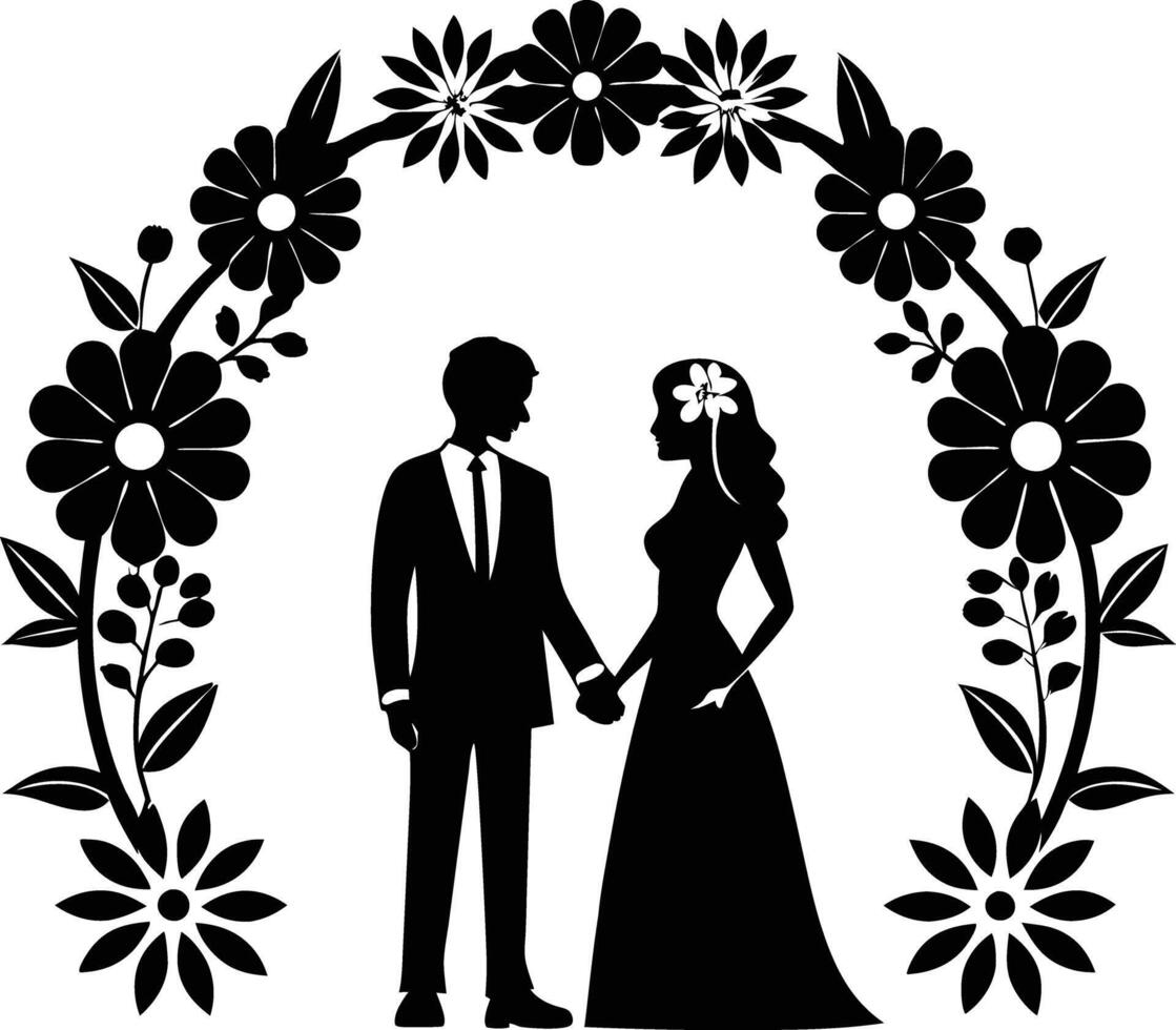 Wedding couple stand in flower arch silhouette illustration vector