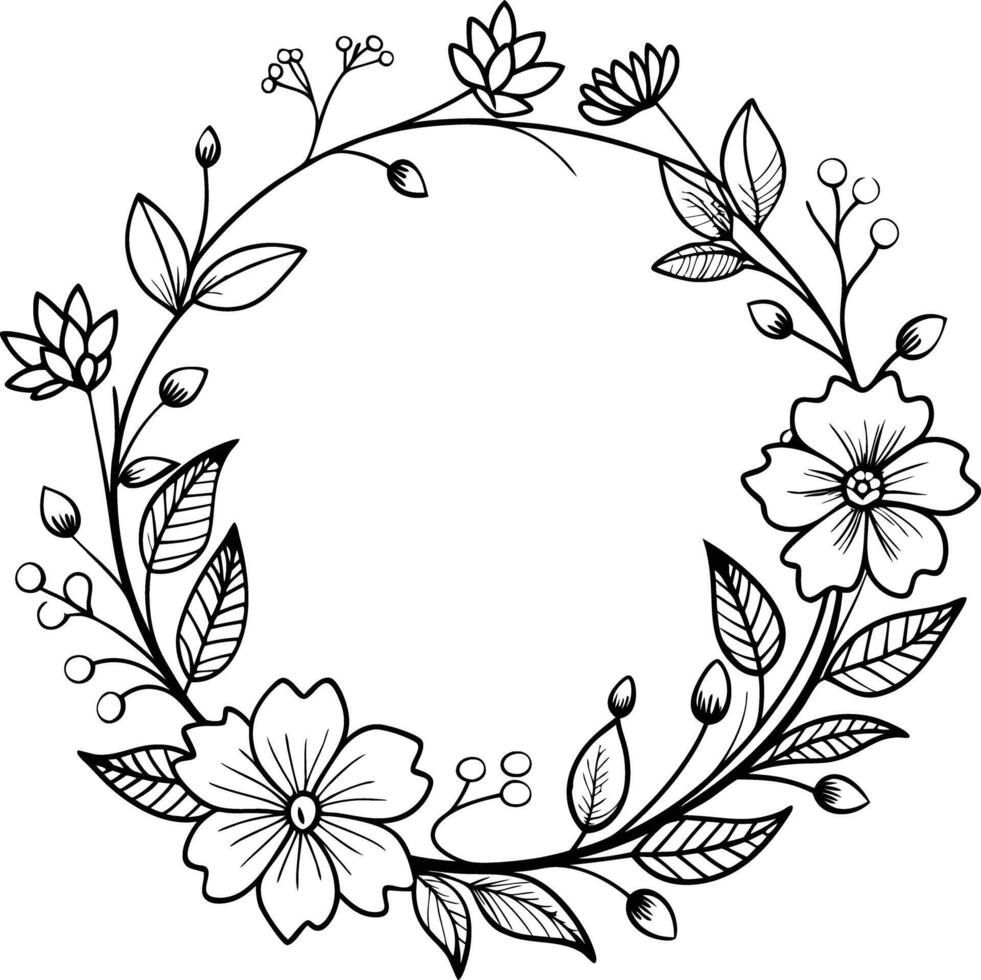 Hand drawn floral frame outline black and white vector
