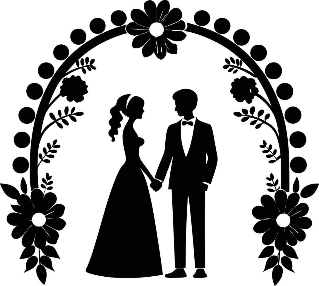 Wedding couple stand in flower arch silhouette illustration vector