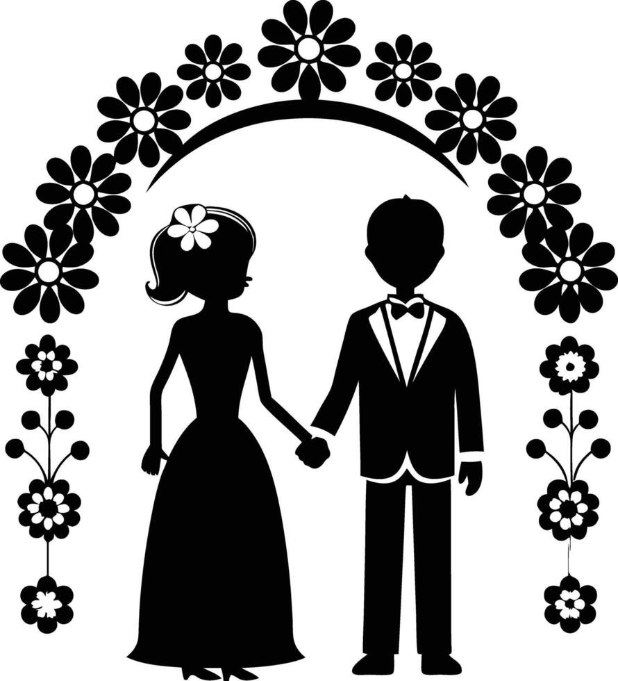 Wedding couple stand in flower arch silhouette illustration vector