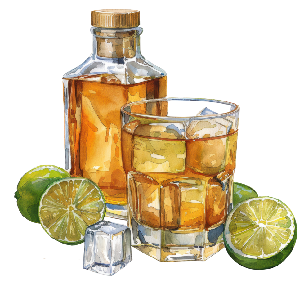 Watercolor tequila in bottle and glass with lemon cocktail clip art element illustration. Ai-Generated png
