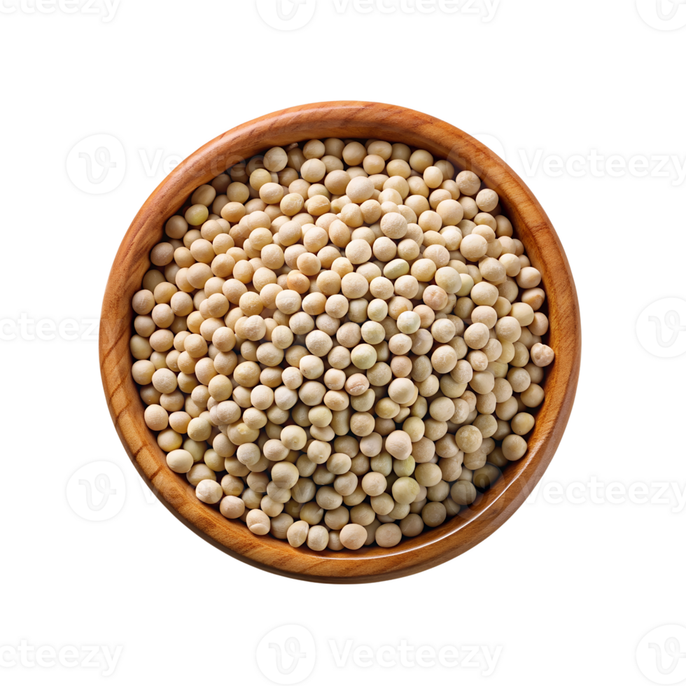 top view Dry peas in wooden bowl isolated png