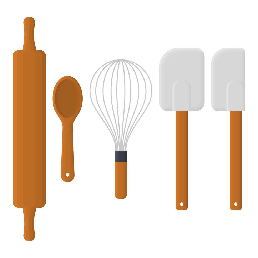Wooden Kitchen Baking Tools Collection. Dough Roller, Spoon, Balloon Whisk, Spatula Design. vector