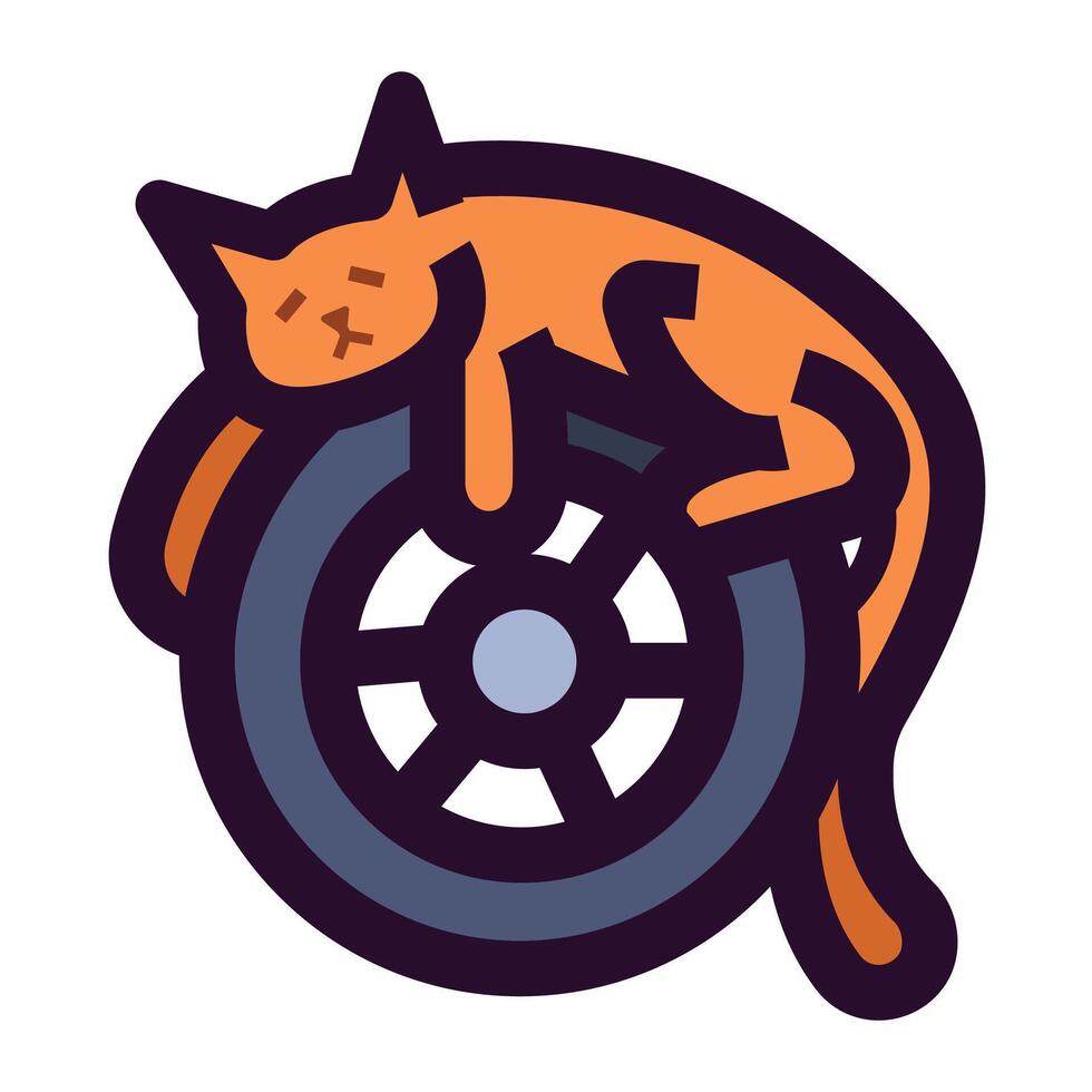 Orange cat sleeping on wheel colorful icon illustration isolated on square white background. Simple flat outlined cartoon art styled drawing. vector