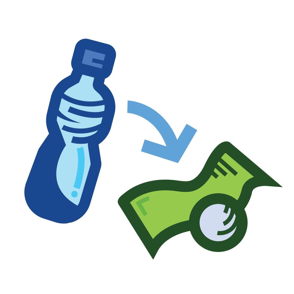 Turn plastic bottle to money colorful icon illustration isolated on square white background. Simple flat outlined cartoon art styled drawing. vector