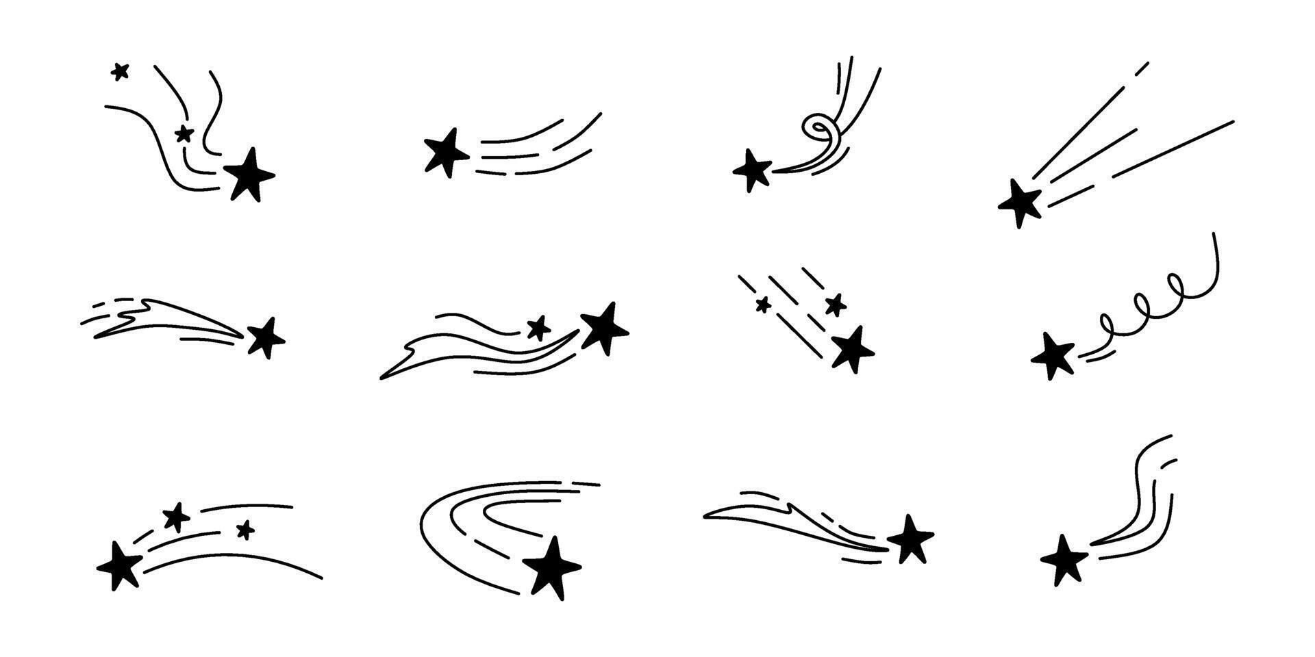 collection of shooting stars with hand drawn style, editable stroke vector
