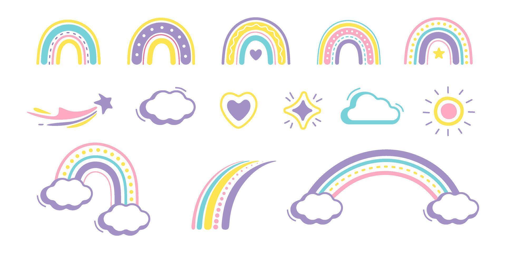 cute rainbow collection in hand drawn style vector