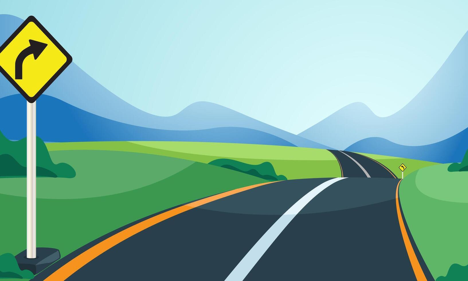 Nature illustration, Mountain view, Road to mountain, Green meadow for background. vector