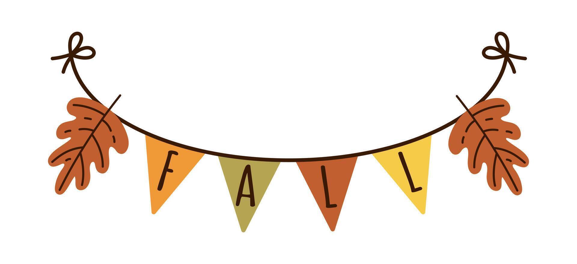 Autumn garland icon. Oak leaves and colorful triangle flags hang on a string. Red, yellow, orange plants, foliage of wild trees. Seasonal decoration for Thanksgiving, Halloween, fall party vector
