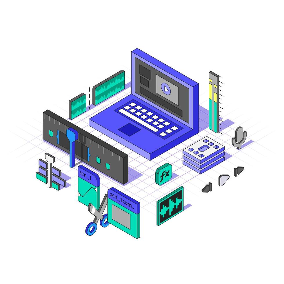 Isometric projection Editing Software. Editor processing Tools in Different Dimension. Axonometric illustration . Software for Motion Designer vector