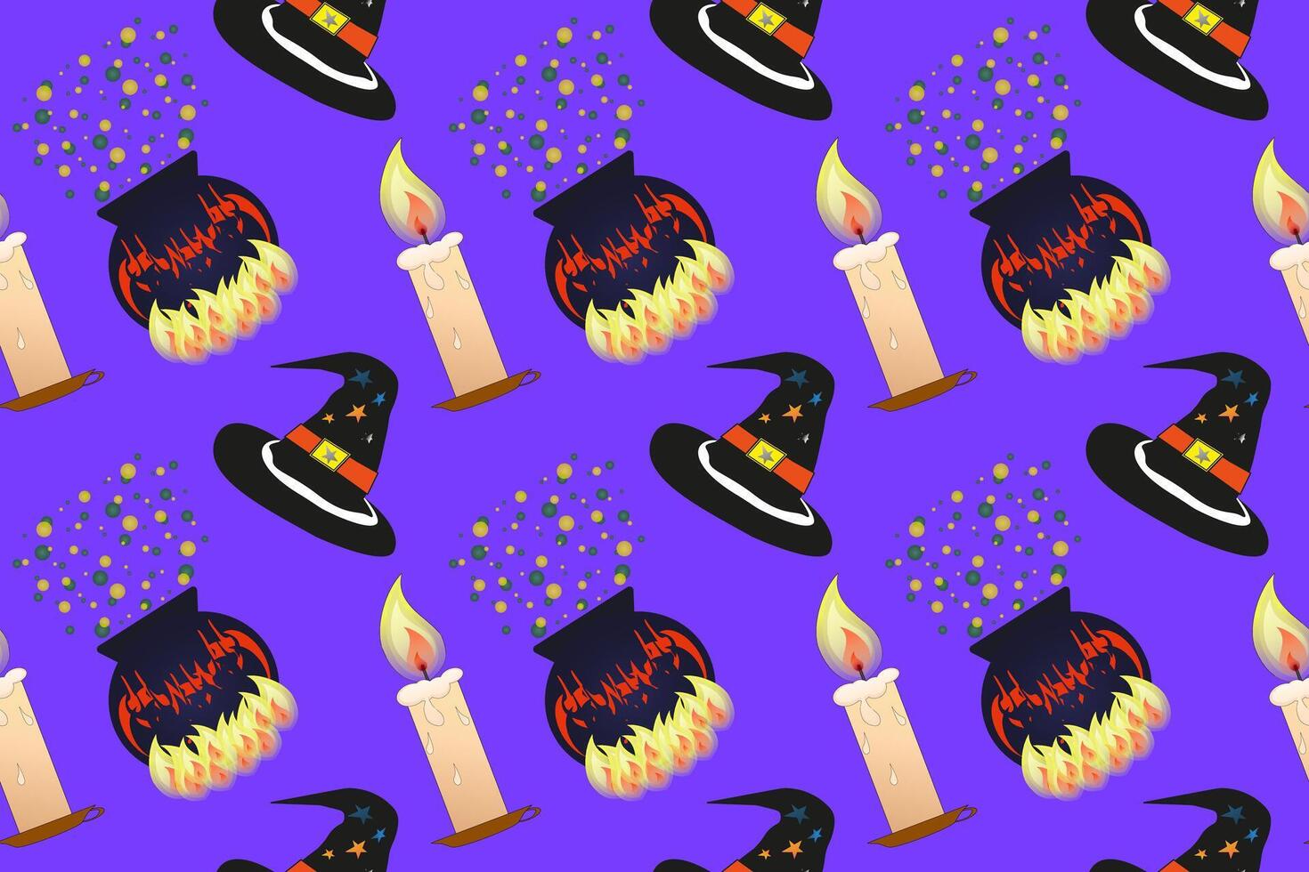A seamless Halloween pattern featuring witch hats, cauldrons, and candles. Perfect for festive decorations and spooky designs. vector