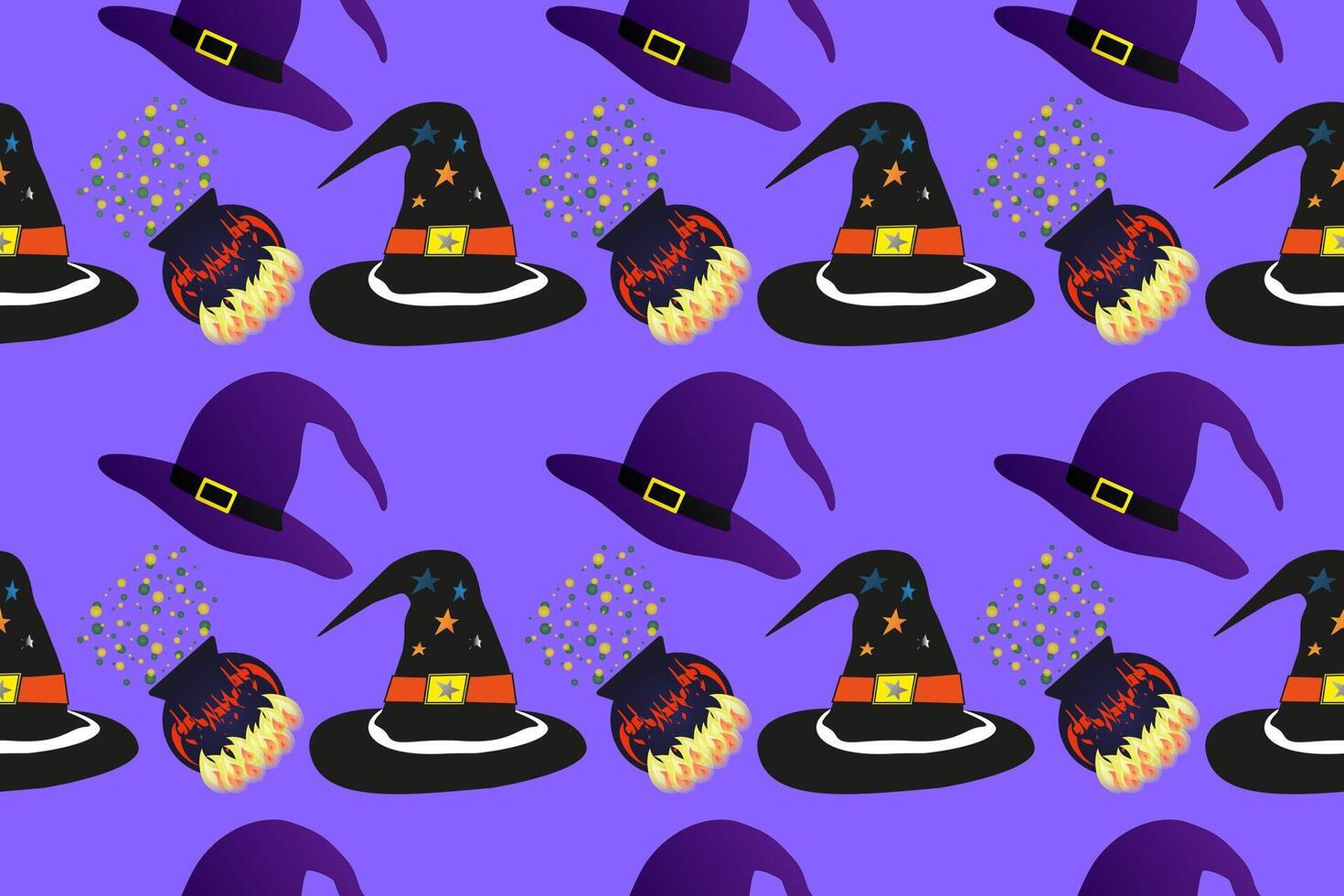 Seamless Halloween pattern featuring witch hats and bubbling cauldrons. Perfect for festive decorations, spooky projects, and seasonal designs. vector