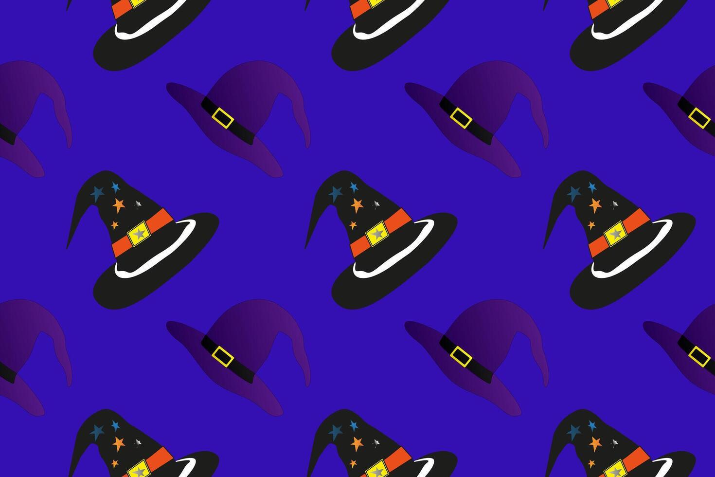 A seamless pattern featuring various witch hats on a dark background. Ideal for Halloween-themed designs, decorations, and spooky projects. vector