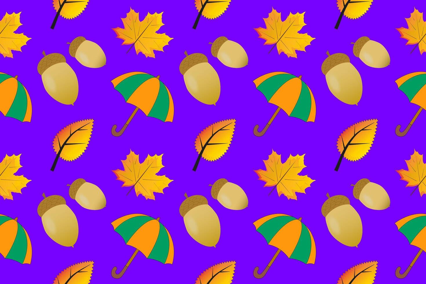Seamless pattern featuring colorful autumn leaves, acorns, and umbrellas on a vibrant background. Perfect for seasonal designs and crafts. vector