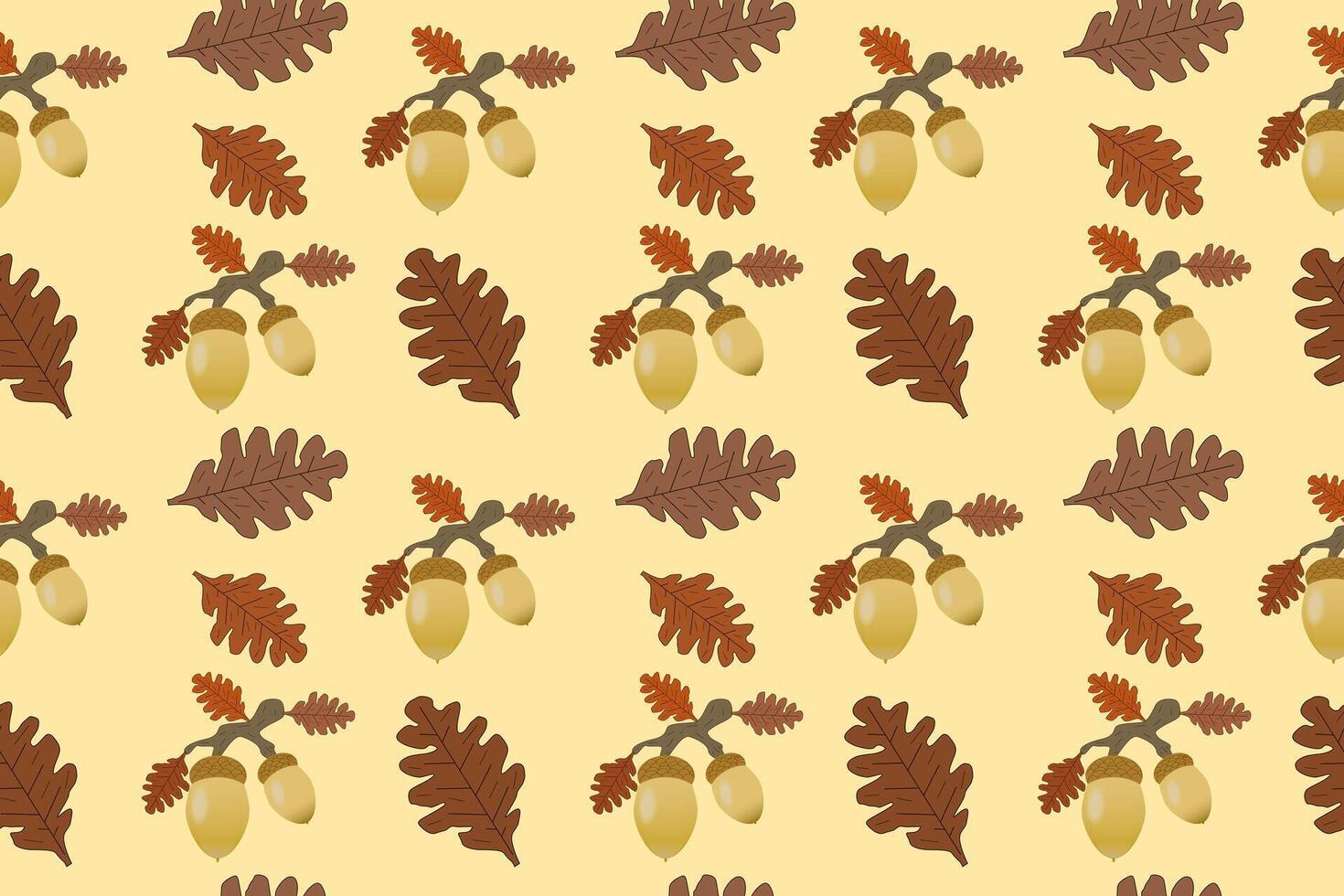 Seamless autumn pattern featuring acorns and oak leaves. Perfect for fall-themed designs, backgrounds, and seasonal projects. vector