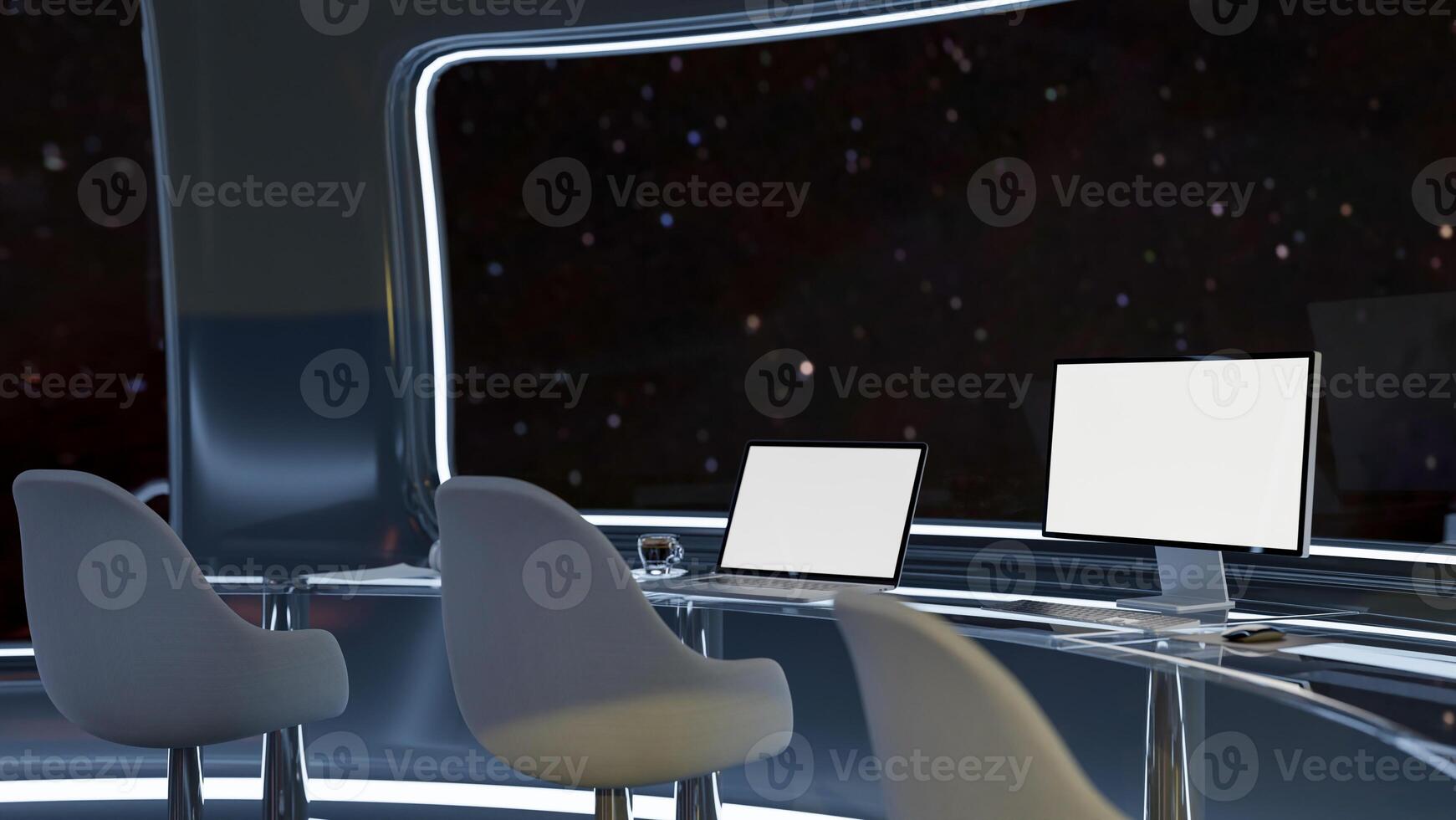 Two computers mockup on a desk station in a spaceship with a dark futuristic spaceship theme design. photo
