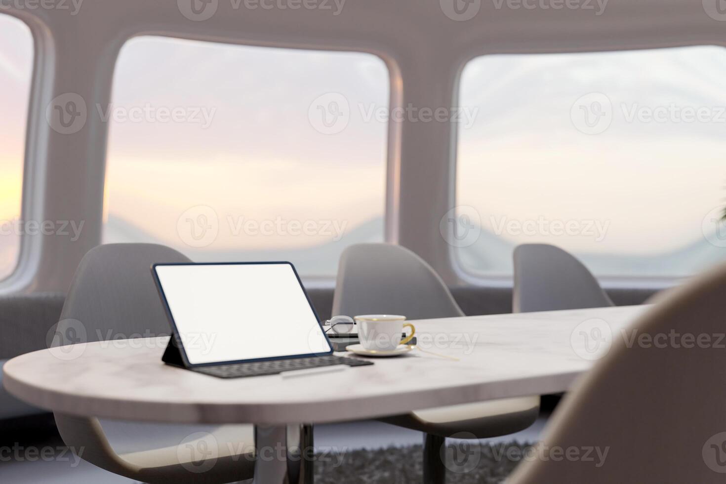 A tablet mockup stands on a table in a modern, minimalistic cafe with a futuristic spaceship theme. photo