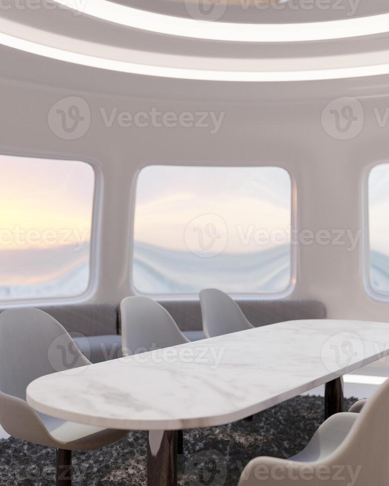 A modern, minimalistic cafe in a futuristic spaceship theme features a white marble table and chairs photo