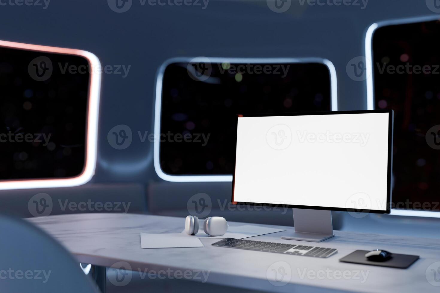 A computer mockup on a desk in a room with a dark futuristic spaceship theme design. photo