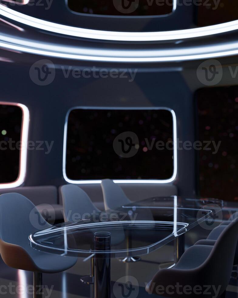 A modern meeting room with a dark futuristic spaceship theme design. photo