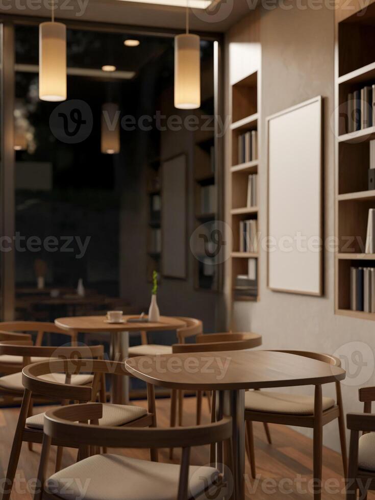 The interior design of a contemporary Scandinavian cafe or restaurant seating area at night. photo