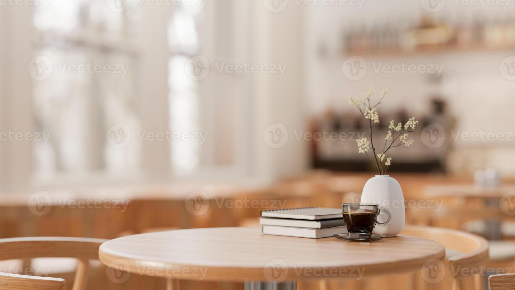A space for displaying products on a round wooden table in a cozy contemporary coffee shop. photo