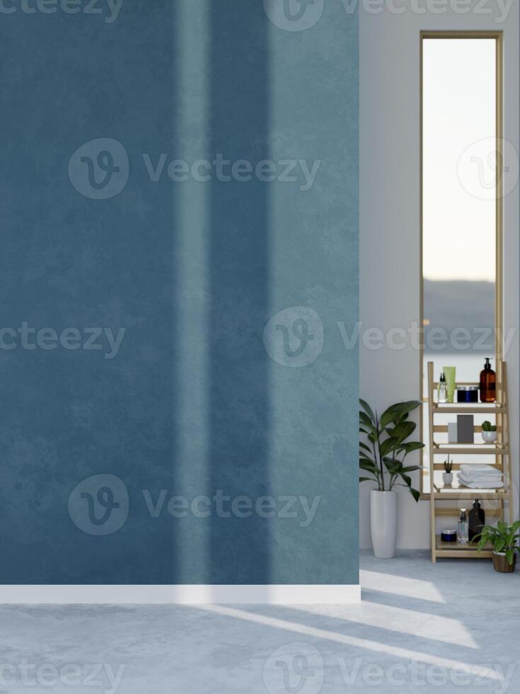 A modern empty room with an empty blue wall, a wooden shelf of bath products, and houseplants. photo