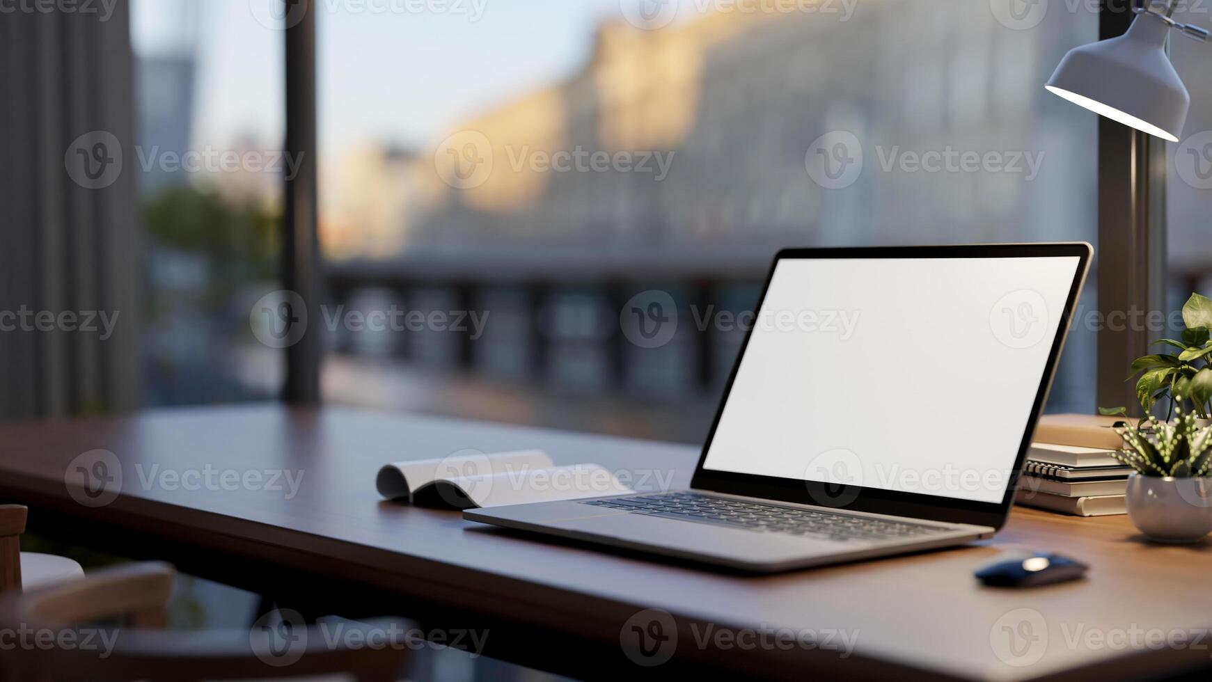A laptop computer mockup on a wooden desk by the window in a room, illuminated by a table lamp. photo
