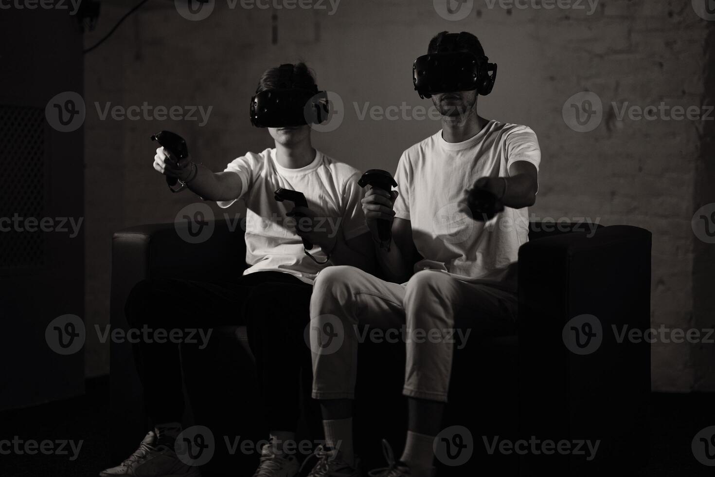 The player plays the game using virtual reality. Neon style. photo