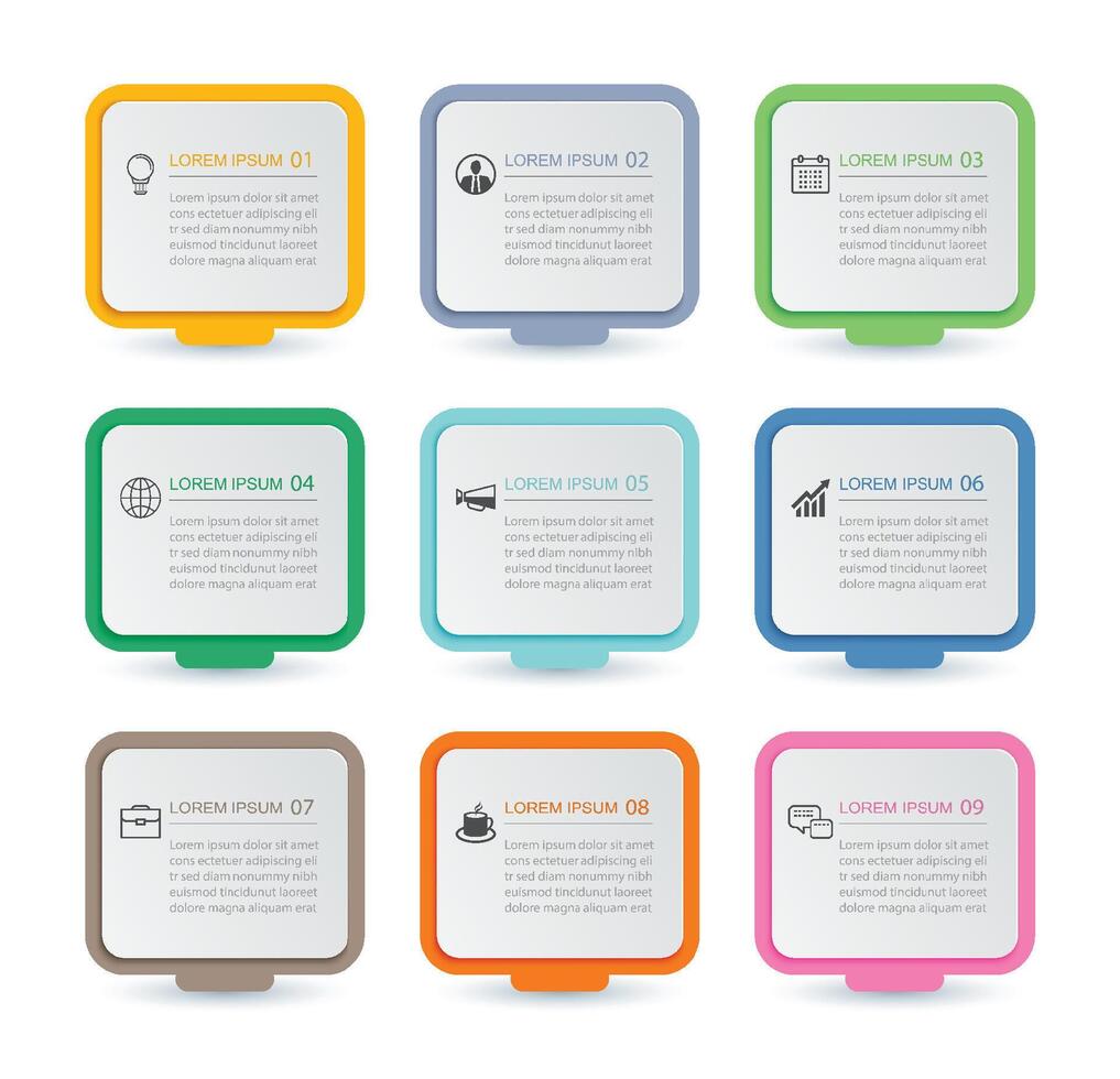 9 data infographics square layout paper template. Illustration business abstract background. vector