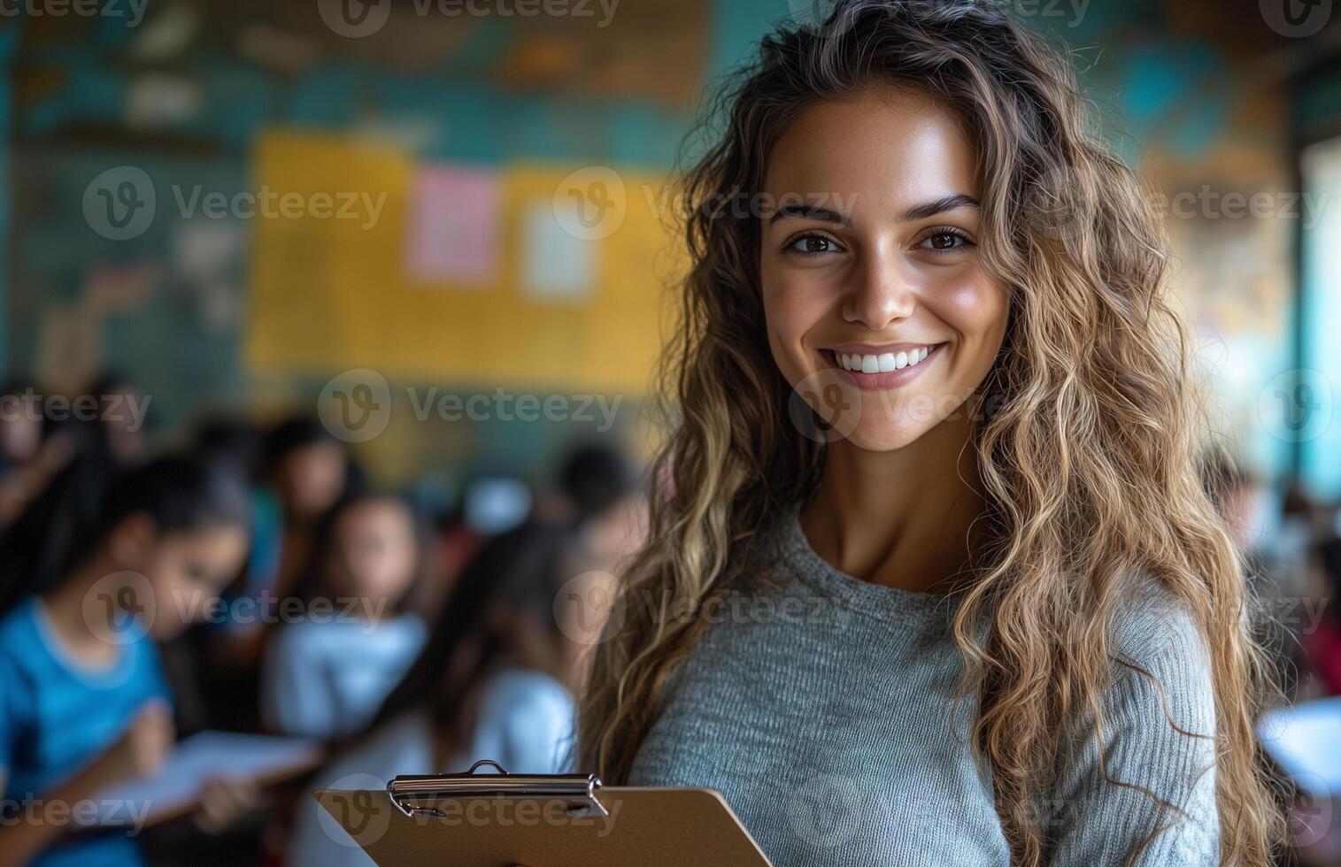 Female teacher smiling at camera holding clipboard with students doing homework in classroom setting photo