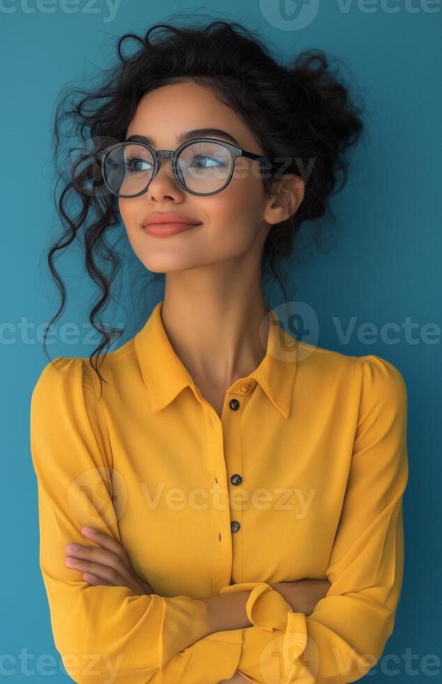 Confident businesswoman in glasses and yellow blouse stands smiling with arms crossed against blue background photo